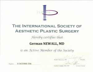 The International Society of Aesthetic Plastic Surgery certificate for George Newall, MD