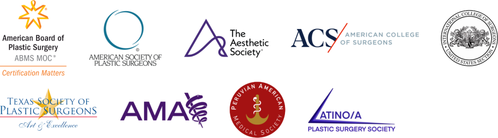 Doctor credentials including American Board of Plastic Surgery, American Society of Plastic Surgeons, The Aesthetic Society, American College of Surgeons, International College of Surgeons, Texas Society of Plastic Surgeons, AMA, Peruvian American Medical Society, Latino/a Plastic Surgery Society