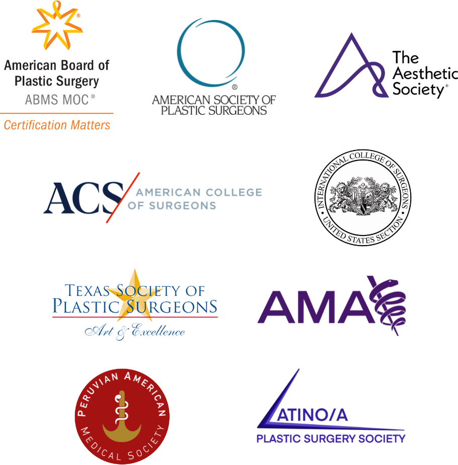 Doctor credentials including American Board of Plastic Surgery, American Society of Plastic Surgeons, The Aesthetic Society, American College of Surgeons, International College of Surgeons, Texas Society of Plastic Surgeons, AMA, Peruvian American Medical Society, Latino/a Plastic Surgery Society