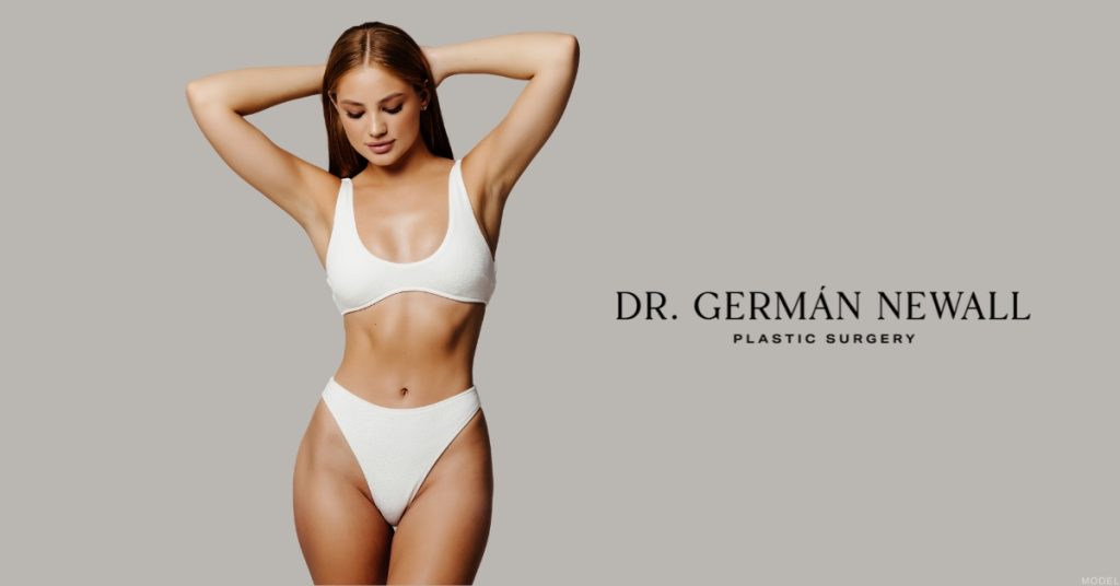 Woman wearing a white bikini, representing a toned body after body contouring (model)